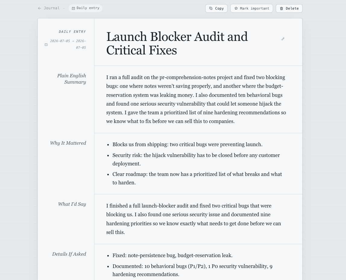 Engineer Journal screenshot — A day, written up